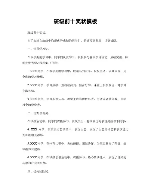 班级前十奖状模板