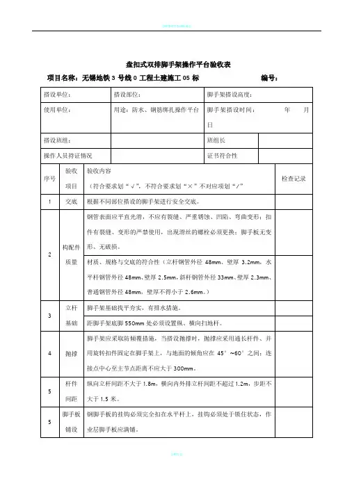 盘扣式双排脚手架操作平台验收表