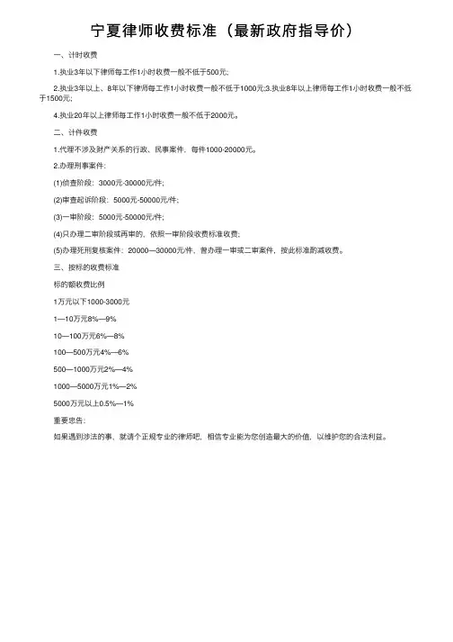 宁夏律师收费标准（最新政府指导价）