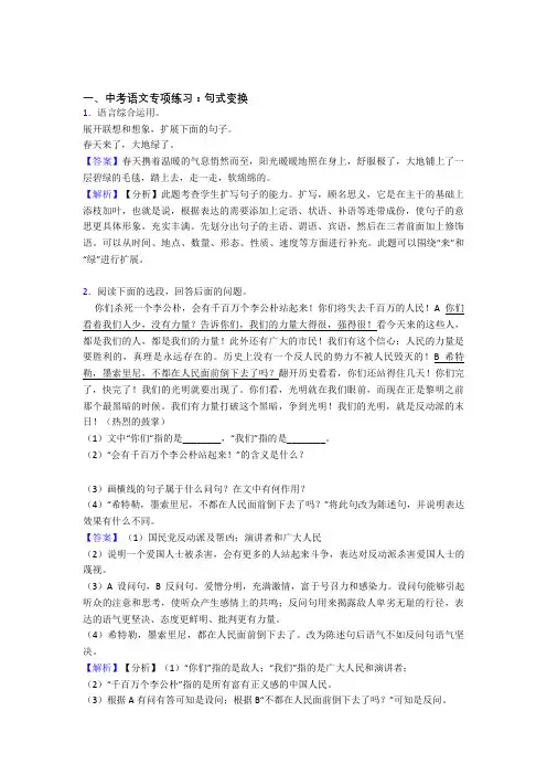 部编人教版中考 语文句式变换专项训练及答案(Word版)