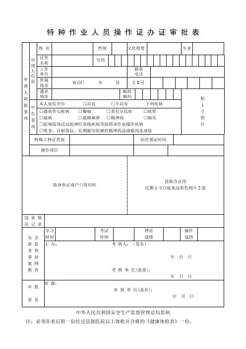特种作业人员操作证办证审批表