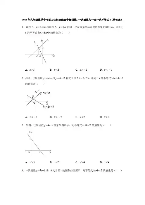 2021年九年级数学中考复习知识点综合专题训练：一次函数与一元一次不等式1(附答案)