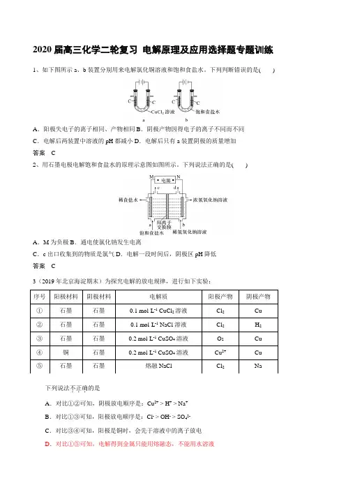 2020届高三化学二轮复习 电解原理及应用选择题专题训练