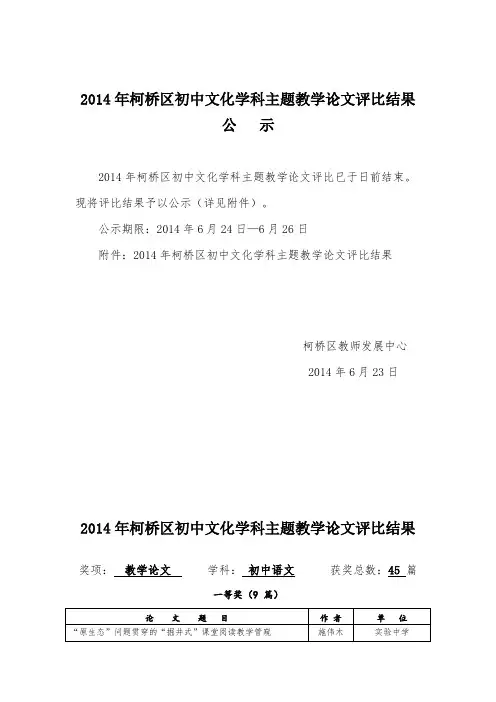 初中文化学科主题教学论文评比结果公示.doc