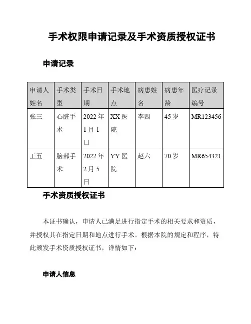 手术权限申请记录及手术资质授权证书