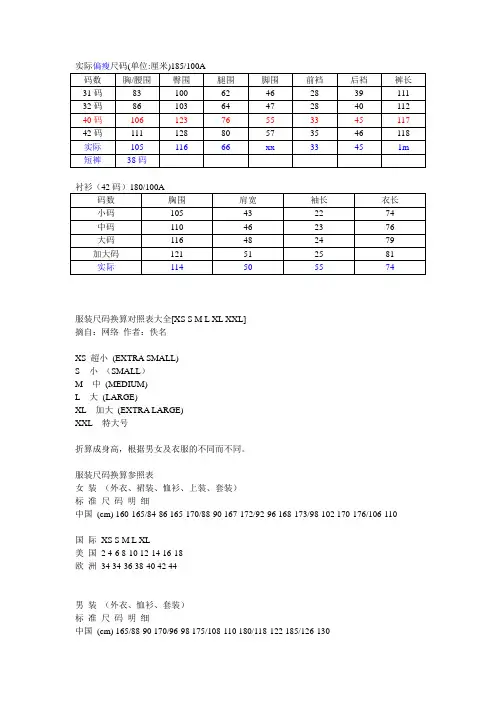 服装尺码对比及换算