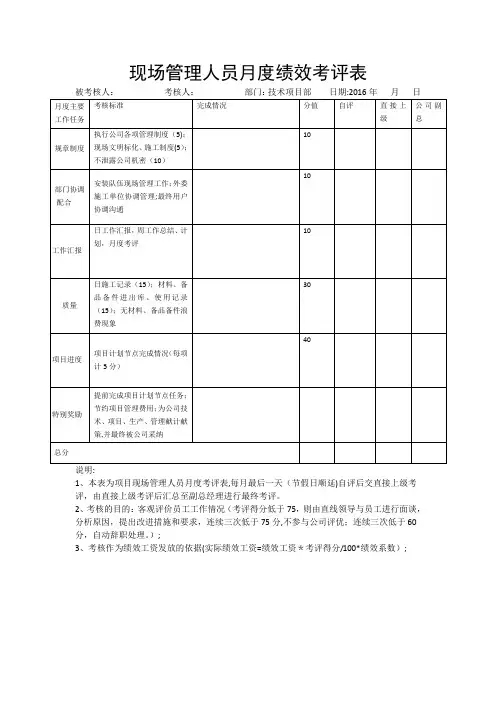 现场管理人员绩效考核表