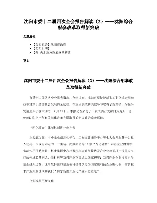 沈阳市委十二届四次全会报告解读（2）——沈阳综合配套改革取得新突破