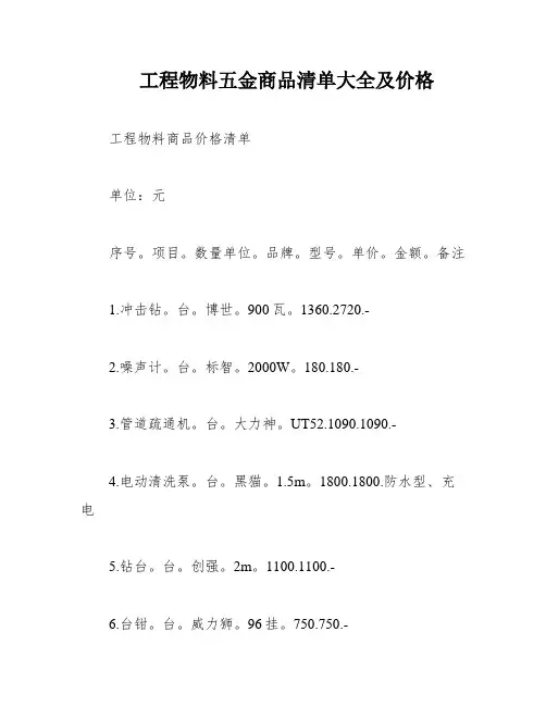 工程物料五金商品清单大全及价格