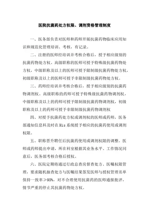 医院抗菌药处方权限、调剂资格管理制度