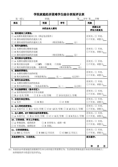 学院家庭经济困难学生综合表现评议表