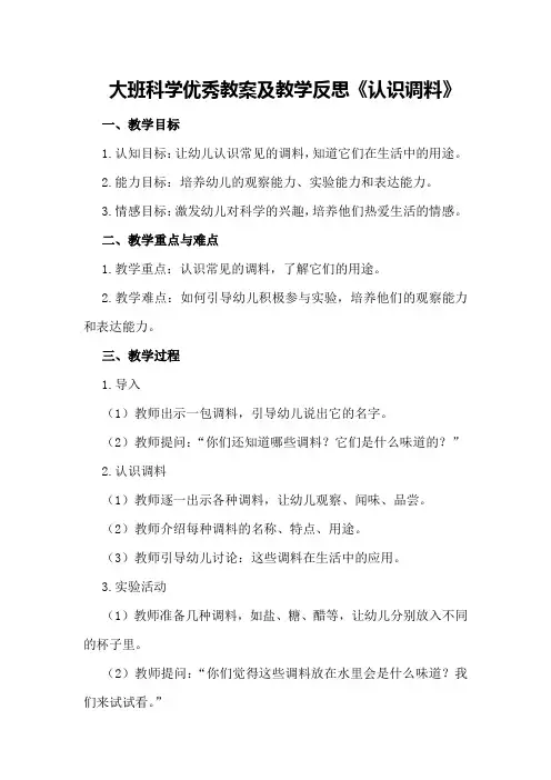 大班科学优秀教案及教学反思《认识调料》