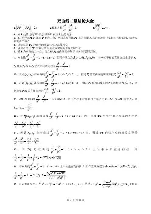 高中数学双曲线二级结论大全