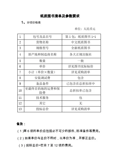 纸质图书清单及参数要求