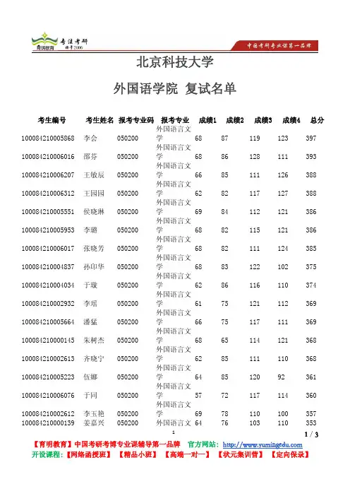 北京科技大学 外国语学院 外国语文学 翻译硕士 复试名单 复试分数线