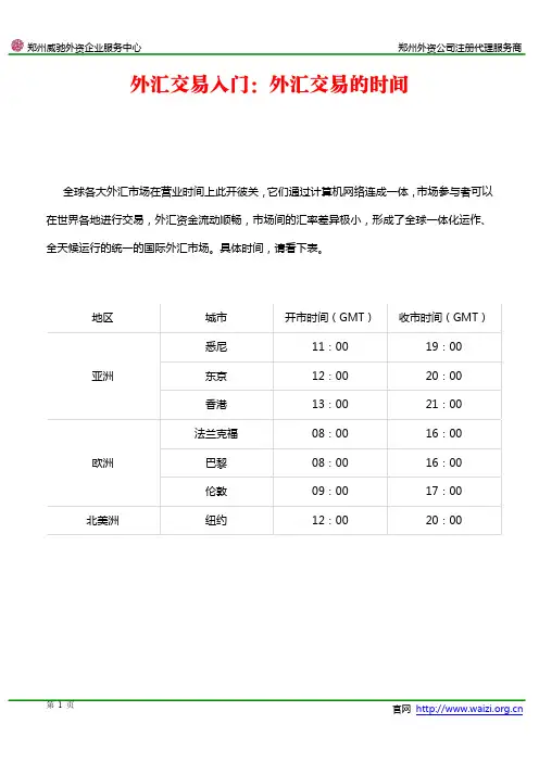 外汇交易入门：外汇交易的时间(图表)