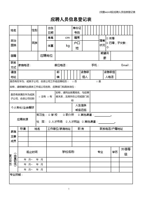 (完整word版)应聘人员信息登记表