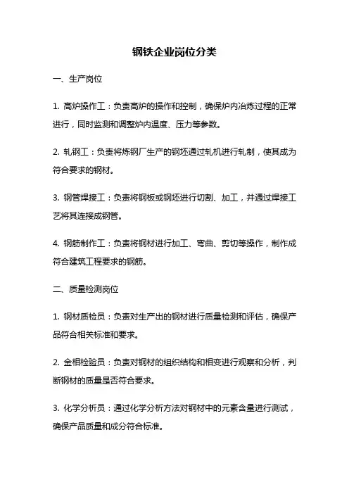 钢铁企业岗位分类