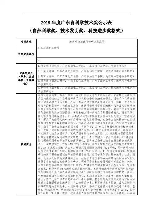 2019年度广东省科学技术奖公示表