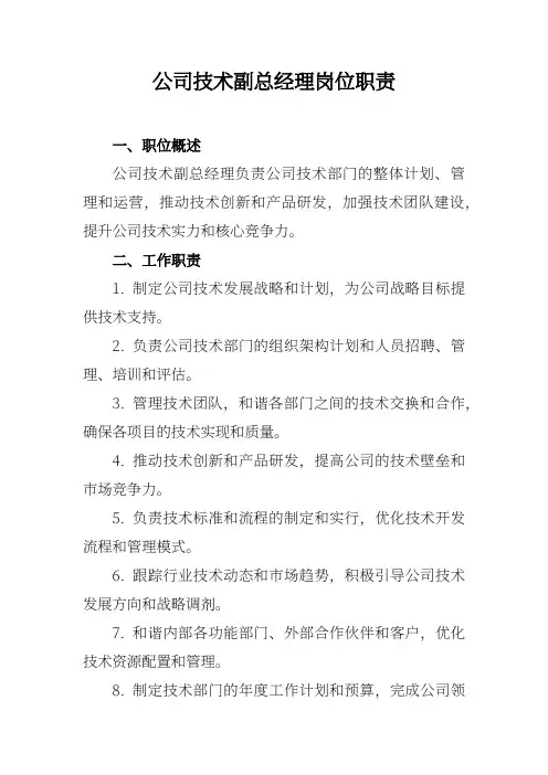 公司技术副总经理岗位职责