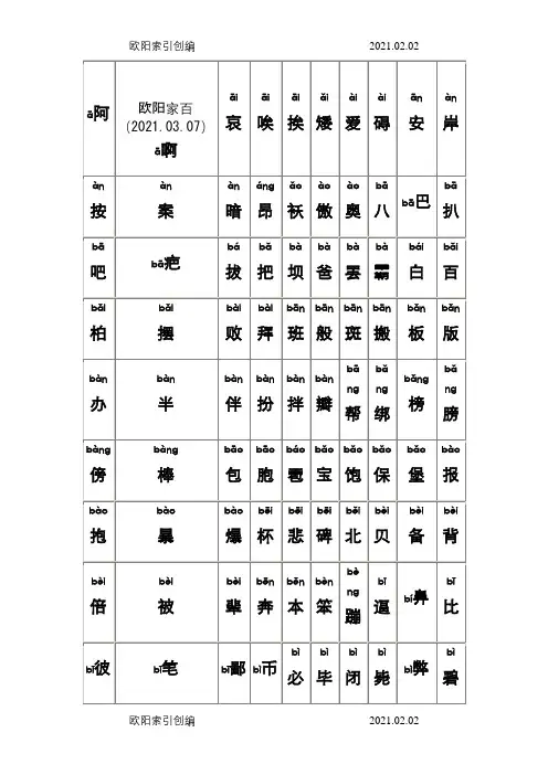 最全的普通话水平测试用常用汉字大全(含拼音)之欧阳家百创编
