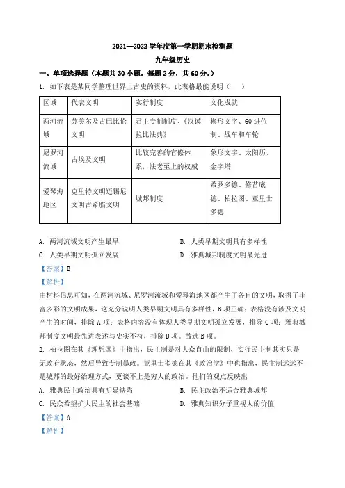 期末试卷：广东省河源市东源县崇文学校2021-2022学年九年级上学期期末历史试题(解析版)