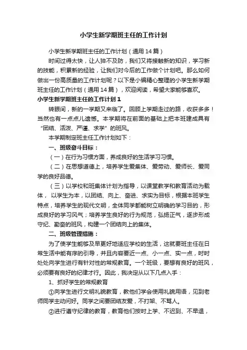 小学生新学期班主任的工作计划
