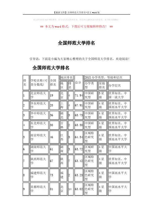 【最新文档】全国师范大学排名-范文word版 (10页)