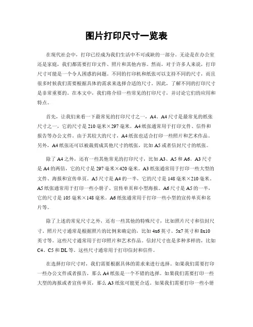 图片打印尺寸一览表