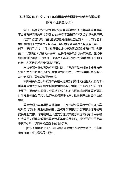 科技部公布41个2018年度国家重点研发计划重点专项申报指南（征求意见稿）