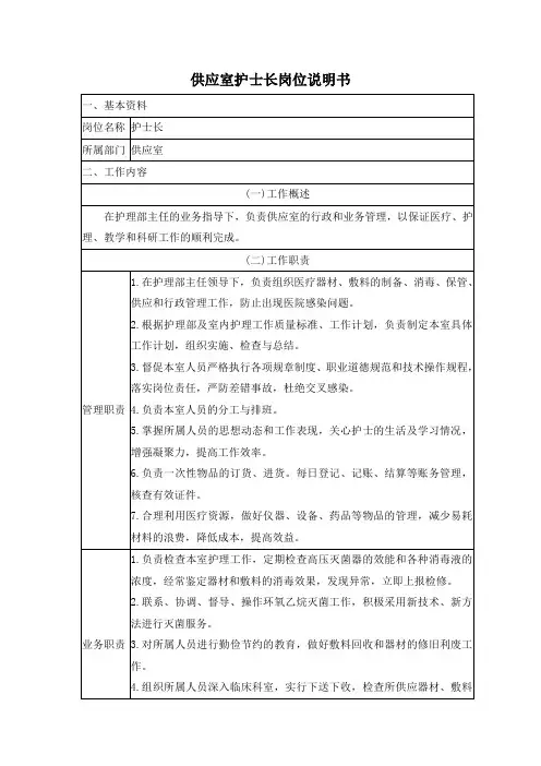 人民医院供应室护士长岗位说明书