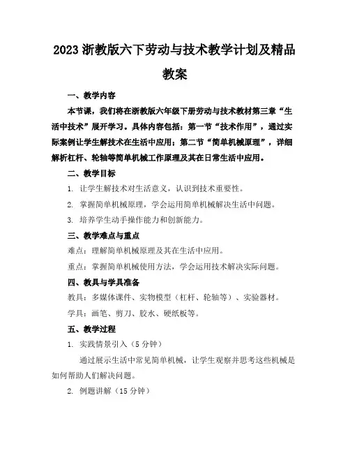 2023浙教版六下劳动与技术教学计划及精品教案
