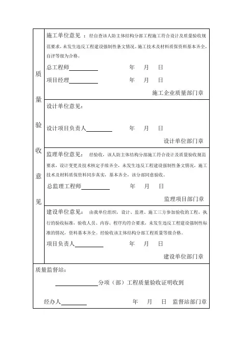 主体分部质量验收意见