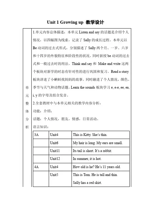 沪教版小学六年级英语上Unit 1 Growing up 教案