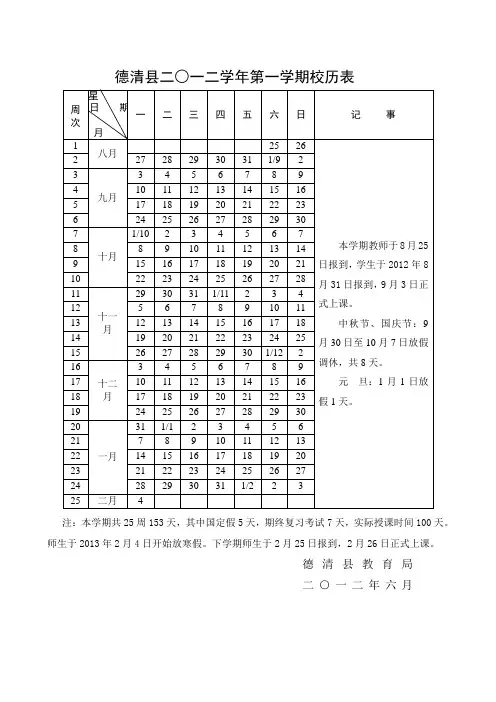 2012学年第一学期校历表及值周安排