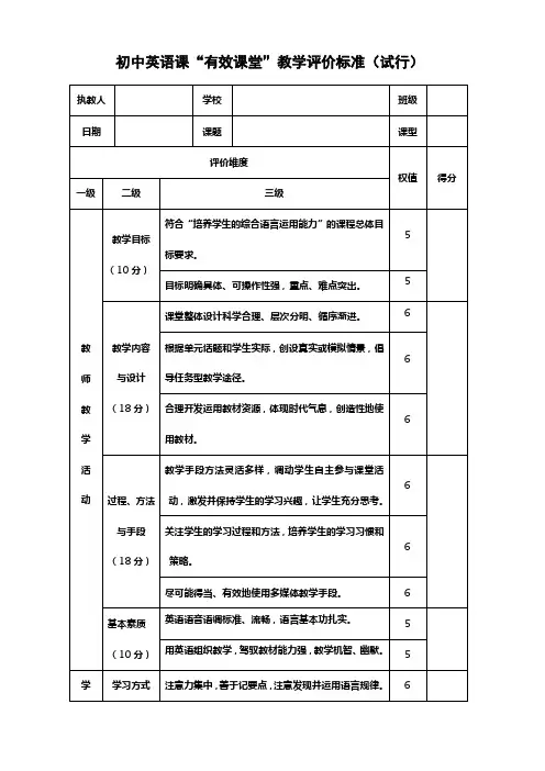 初中英语有效课堂评价标准