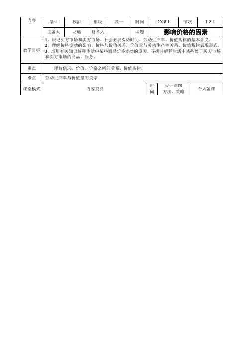 高中政治必修一人教版：2.1影响价格的因素教案