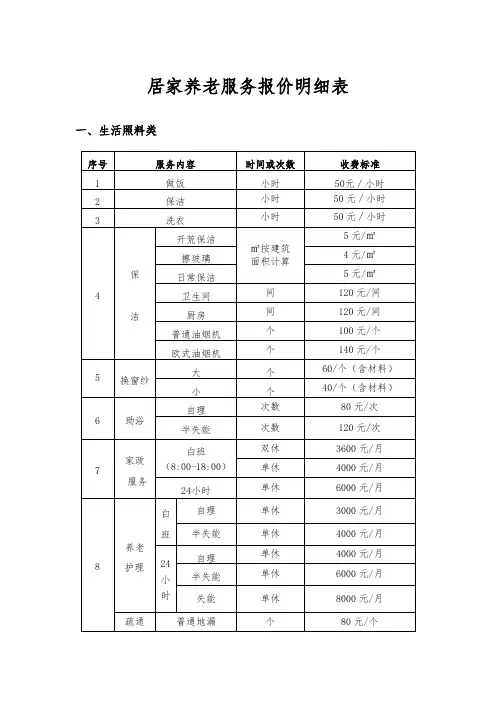 居家养老服务报价明细表