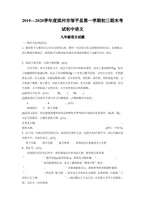 2019—2020学年度滨州市邹平县第一学期初三期末考试初中语文