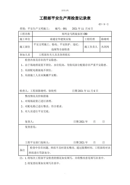 项目部安全生产周检查记录表