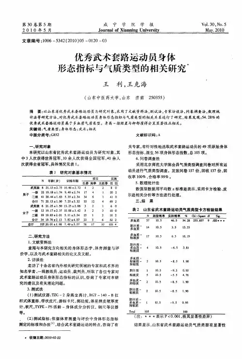优秀武术套路运动员身体形态指标与气质类型的相关研究