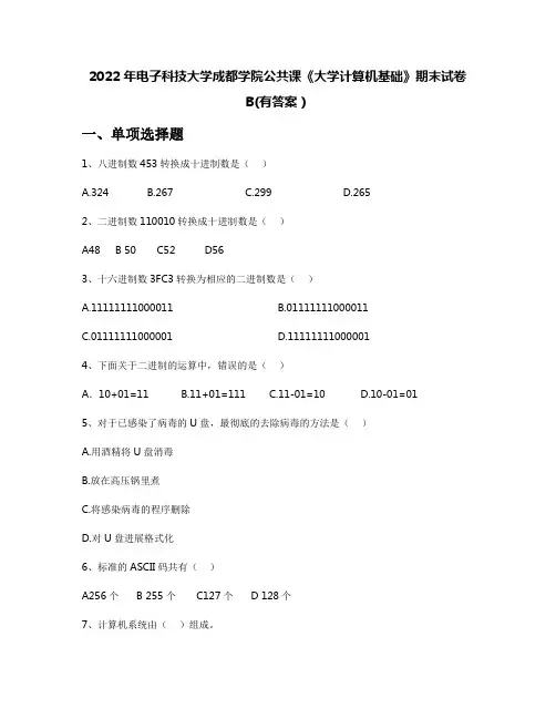 2022年电子科技大学成都学院公共课《大学计算机基础》期末试卷B(有答案)