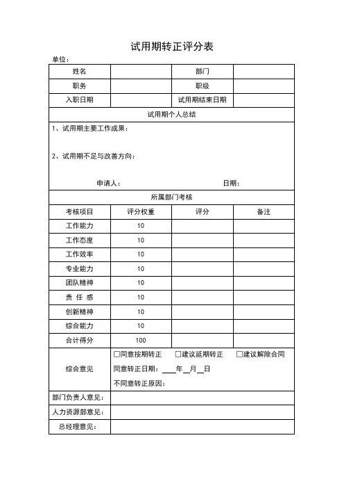 试用期转正评分表(标准版)