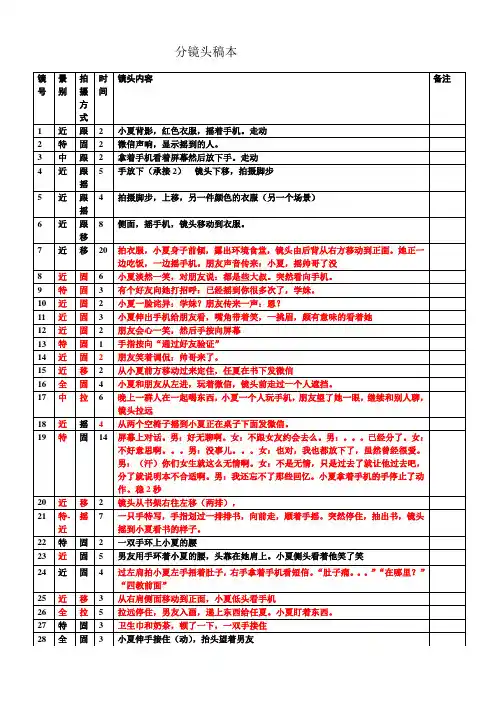 分镜头稿本格式表(常用表格)
