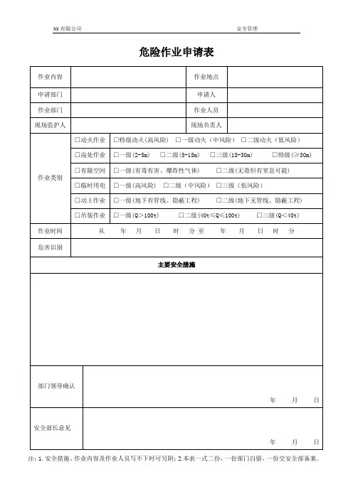 危险作业申请表和许可证