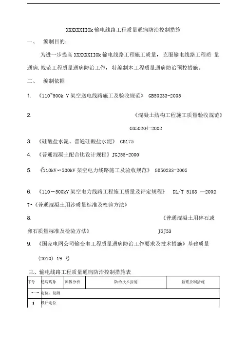 输电线路工程质量通病防治监理控制措施表(版)
