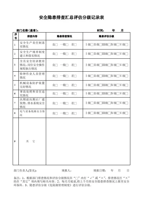 隐患排查汇总评估分级记录表