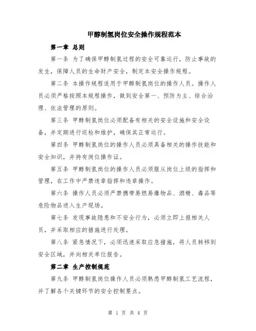甲醇制氢岗位安全操作规程范本