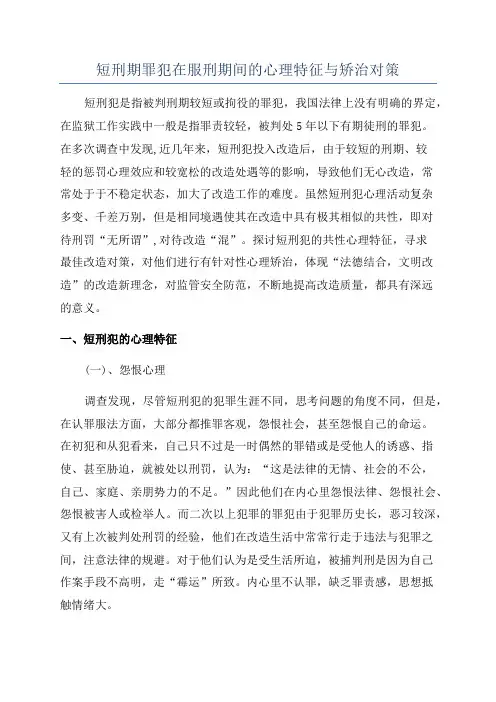 短刑期罪犯在服刑期间的心理特征与矫治对策