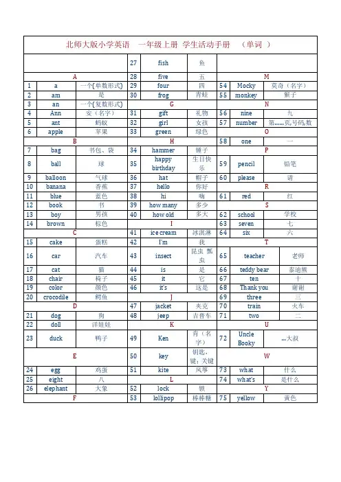 北师大版小学一至六册全部英语单词(一年级起)